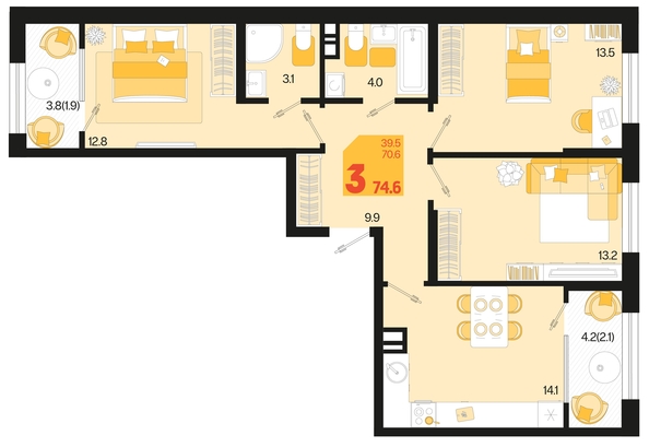 
   Продам 3-комнатную, 74.6 м², Первое место, квартал 1.2, литер 2

. Фото 1.