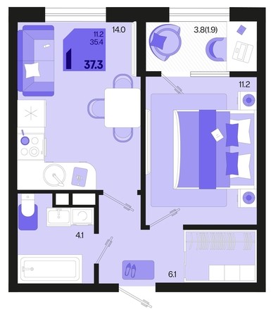 
   Продам 1-комнатную, 37.3 м², Первое место, квартал 1.2, литер 2

. Фото 1.