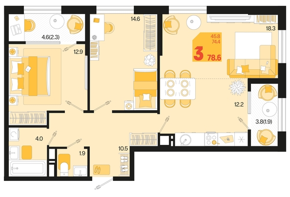 
   Продам 3-комнатную, 78.6 м², Первое место, квартал 1.2, литер 2

. Фото 1.