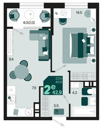 
   Продам 2-комнатную, 42.9 м², Первое место, квартал 1.2, литер 2

. Фото 12.