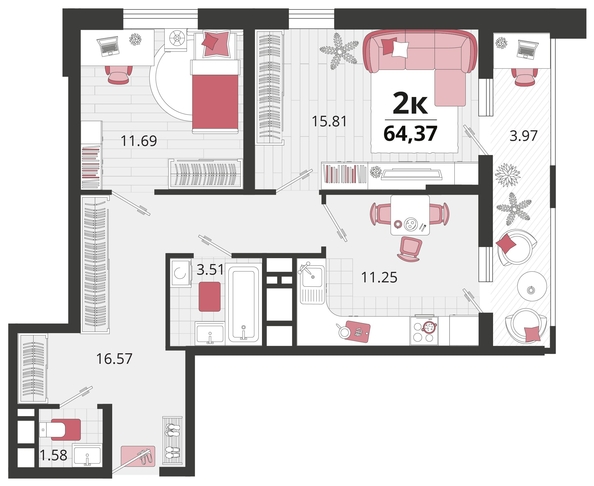 
   Продам 2-комнатную, 64.37 м², Родные просторы, литера 23

. Фото 3.