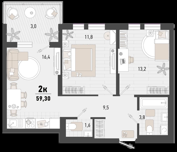 
   Продам 2-комнатную, 59.3 м², Барса, 3В литер

. Фото 2.