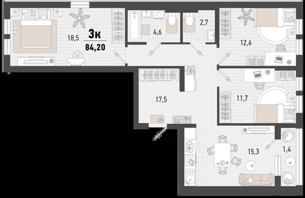 
   Продам 3-комнатную, 84.1 м², Барса, 3В литер

. Фото 2.