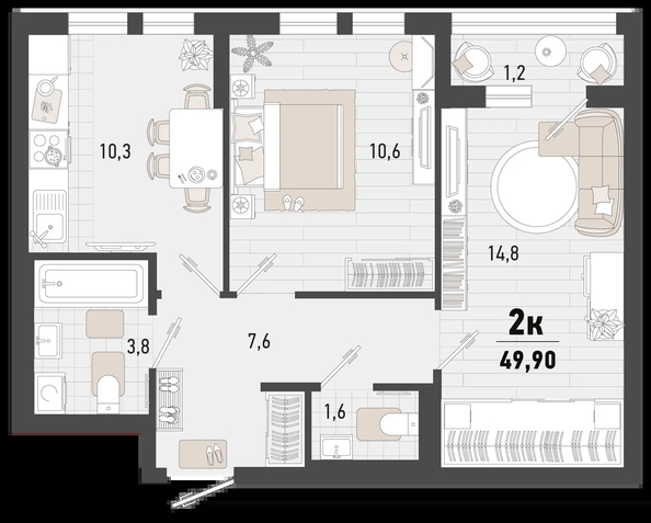 
   Продам 2-комнатную, 49.9 м², Барса, 4В литер

. Фото 2.