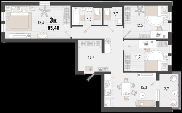 
   Продам 3-комнатную, 85.4 м², Барса, 4В литер

. Фото 2.