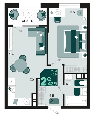 
   Продам 2-комнатную, 42.9 м², Первое место, квартал 1.3, литер 2

. Фото 12.