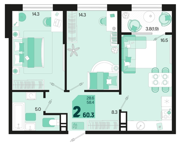 
   Продам 2-комнатную, 60.3 м², Первое место, квартал 1.1, литер 2

. Фото 18.