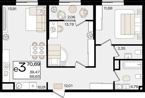 
   Продам 3-комнатную, 70.69 м², Патрики, литер 1.4

. Фото 8.