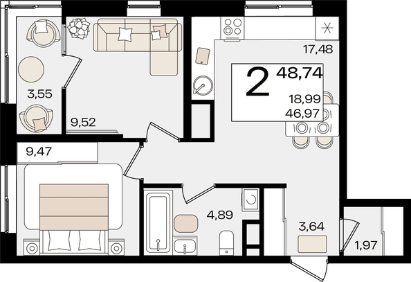 
   Продам 2-комнатную, 48.74 м², Патрики, литер 1.4

. Фото 2.