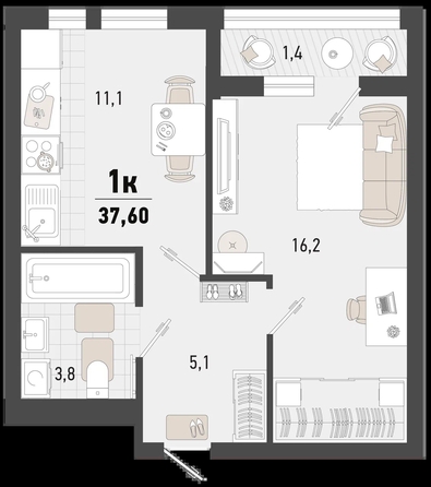 
   Продам 1-комнатную, 37.6 м², Барса, 4В литер

. Фото 2.