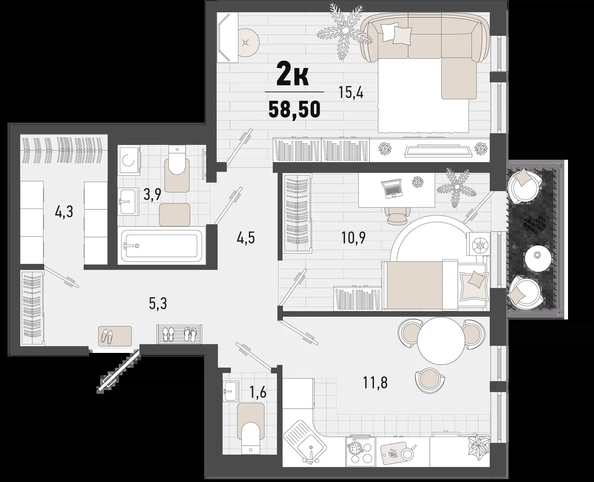 
   Продам 2-комнатную, 58.5 м², Барса, 2В литер

. Фото 2.