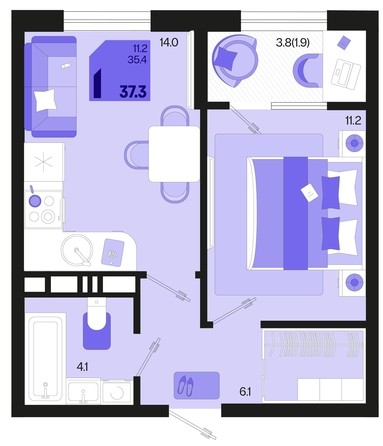 
   Продам 1-комнатную, 37.3 м², Первое место, квартал 1.10 литер 1

. Фото 1.