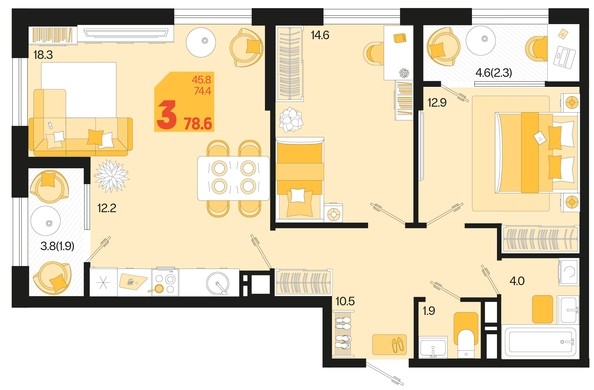 
   Продам 3-комнатную, 78.6 м², Первое место, квартал 1.10 литер 1

. Фото 1.