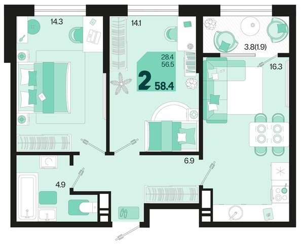 
   Продам 2-комнатную, 58.4 м², Первое место, квартал 1.10 литер 1

. Фото 1.