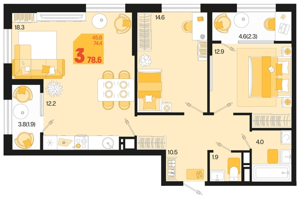 
   Продам 3-комнатную, 78.6 м², Первое место, квартал 1.10 литер 1

. Фото 1.