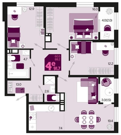 
   Продам 4-комнатную, 91.7 м², Первое место, квартал 1.10, литер 2

. Фото 1.