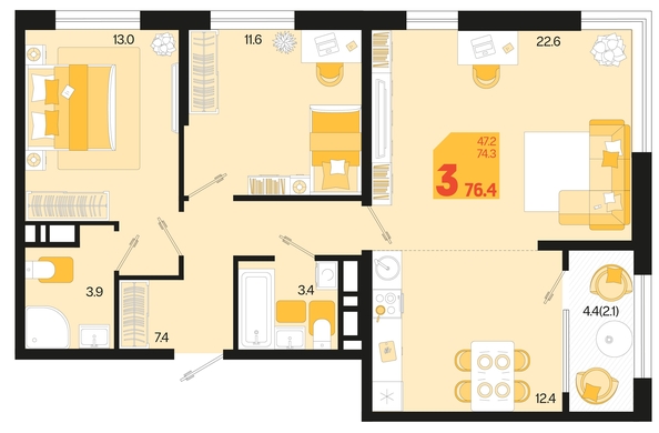 
   Продам 3-комнатную, 76.4 м², Первое место, квартал 1.3, литер 1

. Фото 2.