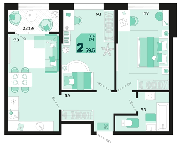 
   Продам 2-комнатную, 59.5 м², Первое место, квартал 1.3, литер 2

. Фото 1.