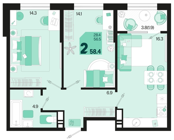 
   Продам 2-комнатную, 58.4 м², Первое место, квартал 1.3, литер 2

. Фото 2.