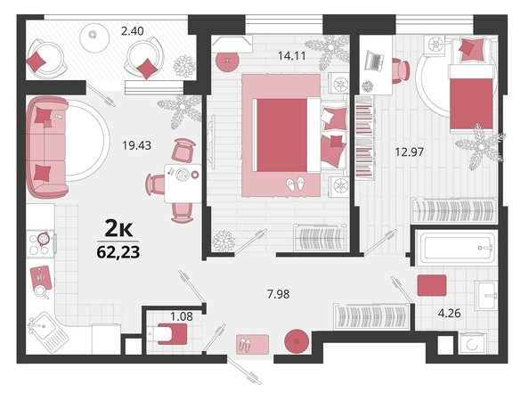 
   Продам 2-комнатную, 62.23 м², Родные просторы, литера 21

. Фото 4.