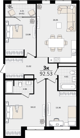 
   Продам 3-комнатную, 92.53 м², Патрики, литер 2

. Фото 8.