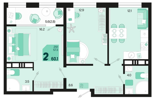 
   Продам 2-комнатную, 60.1 м², Первое место, квартал 1.2, литер 2

. Фото 2.