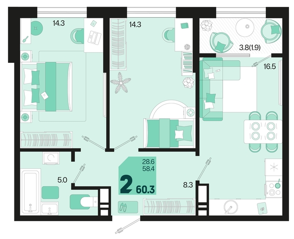 
   Продам 2-комнатную, 60.3 м², Первое место, квартал 1.1, литер 2

. Фото 1.