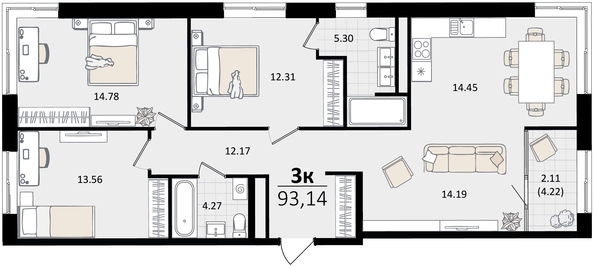 
   Продам 3-комнатную, 93.14 м², Патрики, литер 2

. Фото 7.