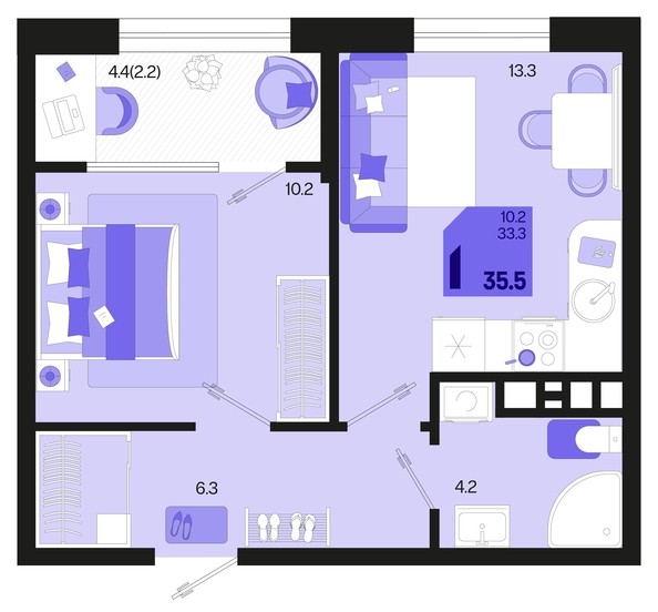 
   Продам 1-комнатную, 35.5 м², Первое место, квартал 1.3, литер 2

. Фото 1.