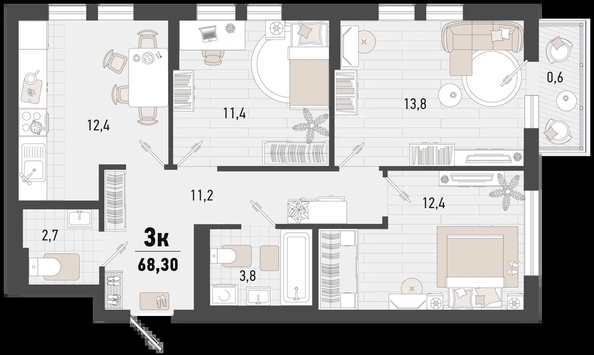 
   Продам 3-комнатную, 68.3 м², Барса, 4В литер

. Фото 2.