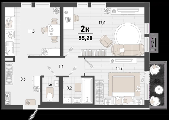 
   Продам 2-комнатную, 55.2 м², Барса, 2В литер

. Фото 2.