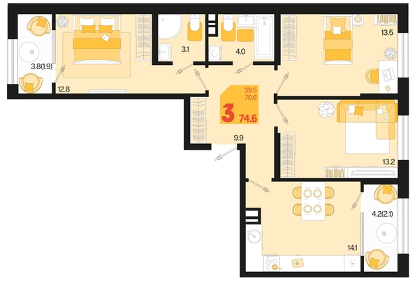 
   Продам 3-комнатную, 74.6 м², Первое место, квартал 1.1, литер 2

. Фото 13.