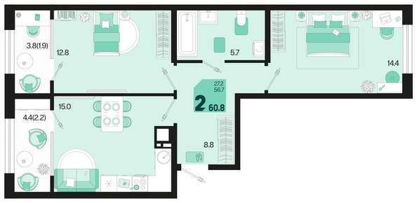 
   Продам 2-комнатную, 60.8 м², Первое место, квартал 1.10 литер 1

. Фото 7.