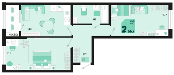 
   Продам 2-комнатную, 66.7 м², Первое место, квартал 1.3, литер 1

. Фото 1.