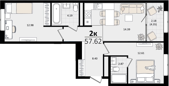 
   Продам 2-комнатную, 57.62 м², Патрики, литер 2

. Фото 7.