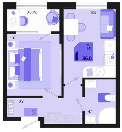 
   Продам 1-комнатную, 36 м², Первое место, квартал 1.1, литер 2

. Фото 2.