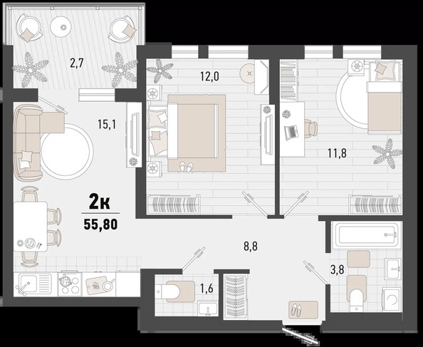 
   Продам 2-комнатную, 55.8 м², Барса, 4В литер

. Фото 1.