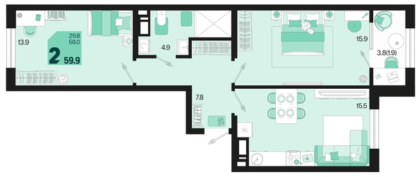 
   Продам 2-комнатную, 59.9 м², Первое место, квартал 1.3, литер 1

. Фото 2.