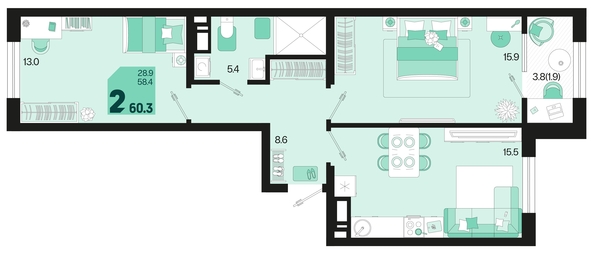 
   Продам 2-комнатную, 60.3 м², Первое место, квартал 1.2, литер 2

. Фото 1.