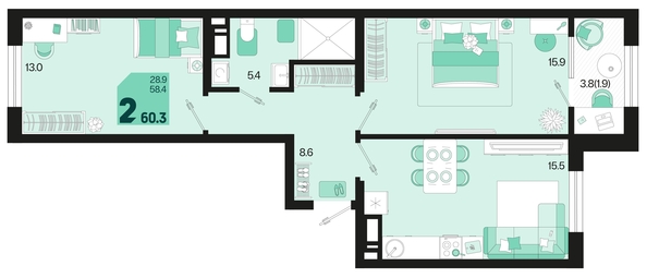 
   Продам 2-комнатную, 60.3 м², Первое место, квартал 1.2, литер 2

. Фото 18.