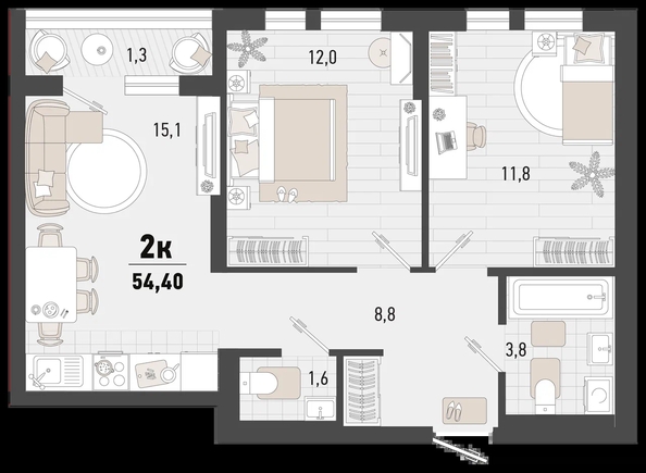 
   Продам 2-комнатную, 54.4 м², Барса, 4В литер

. Фото 1.