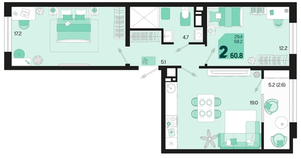 
   Продам 2-комнатную, 60.8 м², Первое место, квартал 1.1, литер 2

. Фото 17.