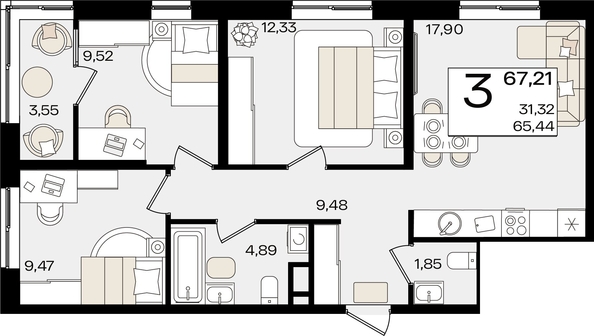 
   Продам 3-комнатную, 67.21 м², Патрики, литер 1.2

. Фото 8.