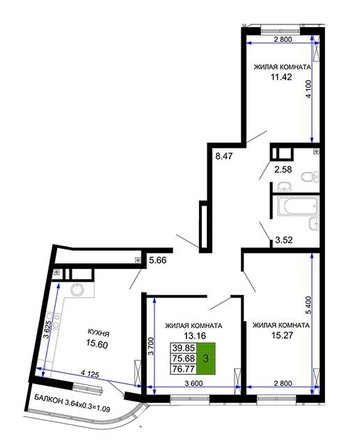 
   Продам 3-комнатную, 76.77 м², Фонтаны, литер 11

. Фото 1.