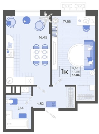 
   Продам 1-комнатную, 44.06 м², Высочество, литера 2

. Фото 4.