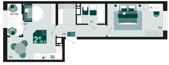 
   Продам 2-комнатную, 46.6 м², Первое место, квартал 1.3, литер 1

. Фото 1.