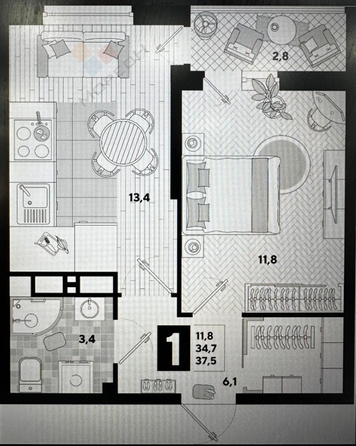 
   Продам 1-комнатную, 34.6 м², Ивана Беличенко ул, 95к1

. Фото 2.