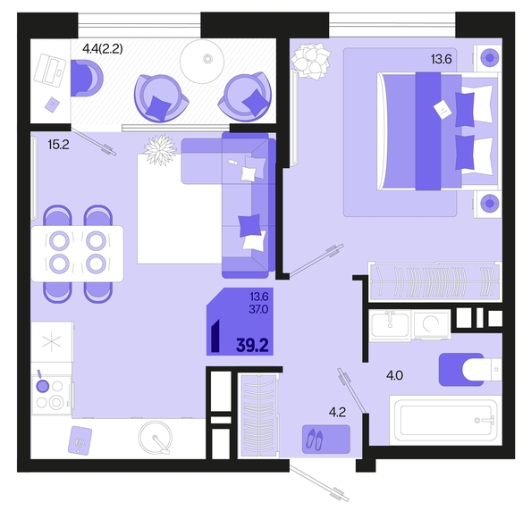 
   Продам 1-комнатную, 39.2 м², Первое место, квартал 1.3, литер 2

. Фото 1.