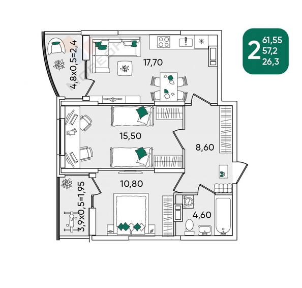 
   Продам 2-комнатную, 57.2 м², Любимово мкр, 5

. Фото 15.