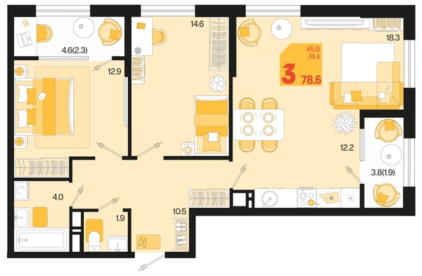 
   Продам 3-комнатную, 78.6 м², Первое место, квартал 1.3, литер 2

. Фото 12.